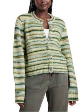 Splendid Daniella Green and Cream Striped Button-Front Cardigan